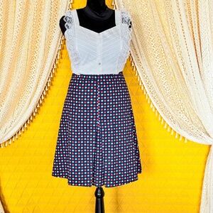 Retro Whimsy Twee Red & Blue Polka Dot Kick Pleat Cotton Midi Skirt Merona Sz 12